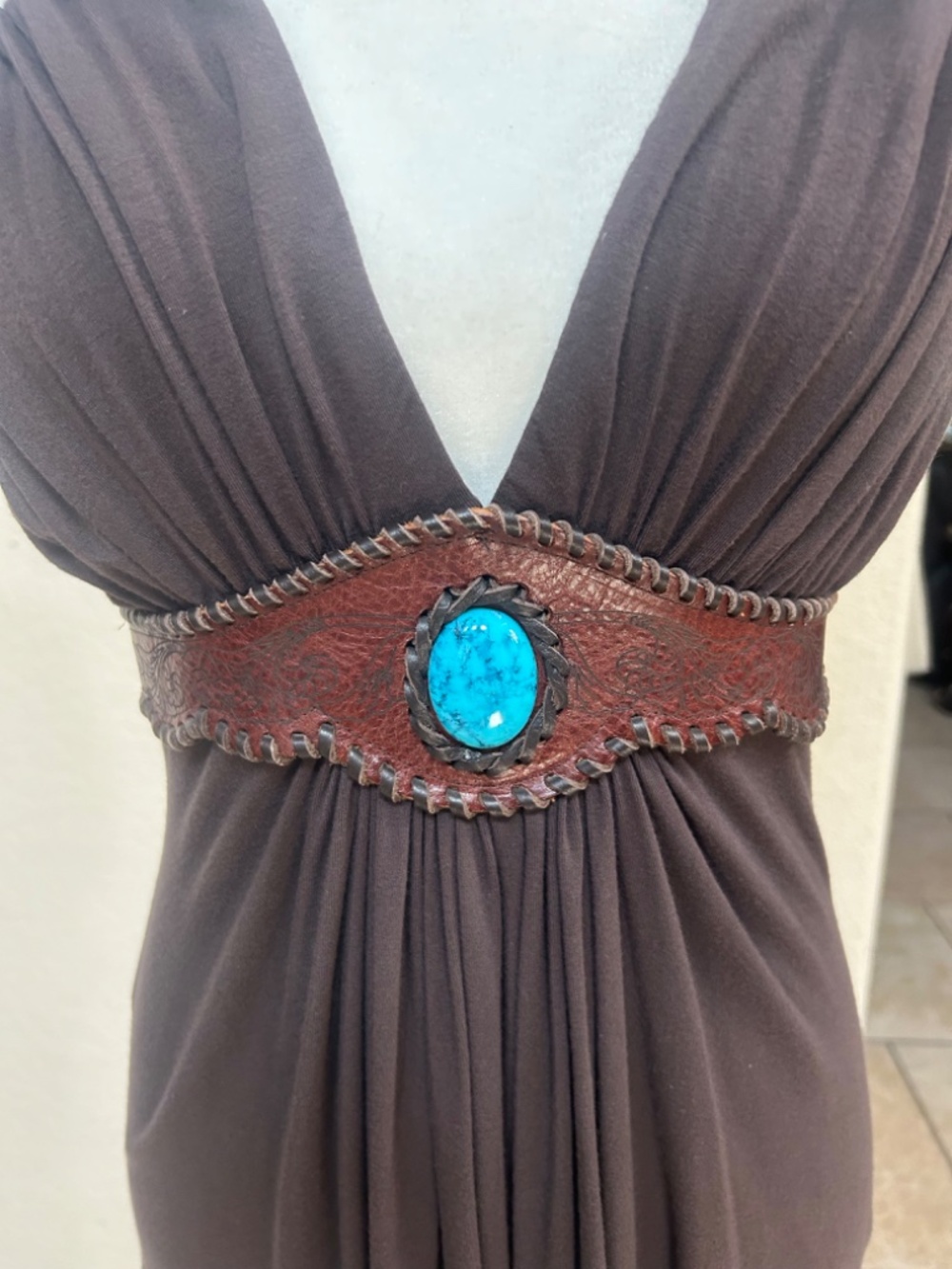 Sky Brown Top with Turquoise Stone-Whipstitched faux Leather Waistband.NWT. Sz L - Picture 3 of 15